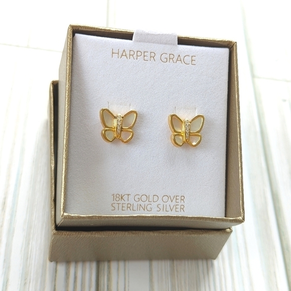 Harper Grace Mother of Pearl 18KT Gold Sterling Silver Butterfly Earring Set NWT - Picture 2 of 6